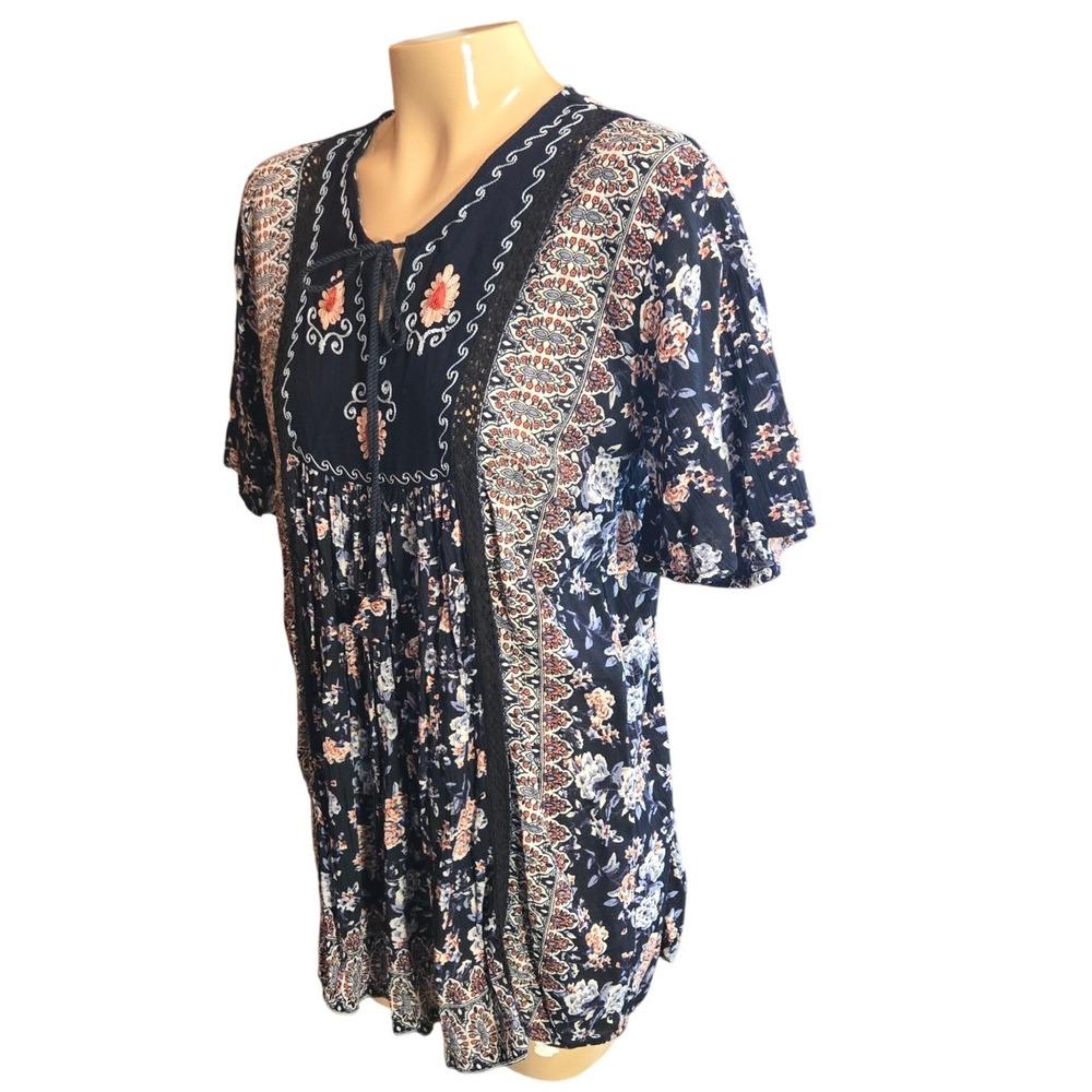 etc. Womens Tunic Top Black Medium Boho Floral Embroidered Lace Trim Tassel Tie